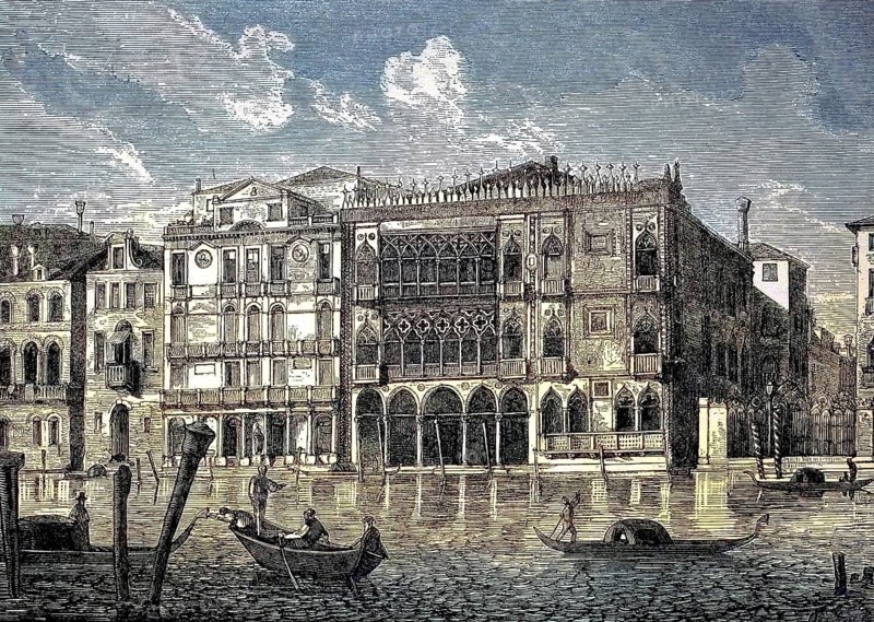 Ca' d'Oro, correctly Palazzo Santa Sofia, is a palace on the Grand Canal in Venice, northern Italy, the golden house, digital reproduction of a 19th century original, original date unknown