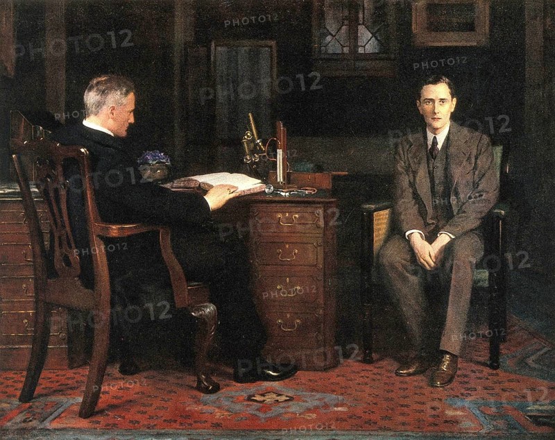 Two men are in an office, one sitting at a desk and the other on a chair, engrossed in a conversation. Sentence of death, Painting by John Maler Collier (28 January 1850, 11 April 1934), British writer and painter, Historical, digitally restored reproduction from a 19th century original, Record date not stated