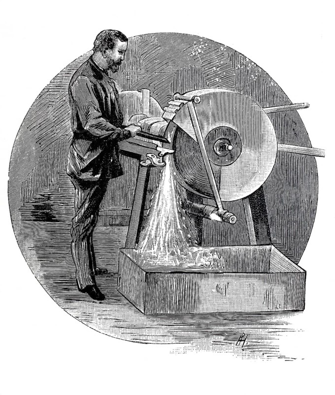 Exhibition on accident prevention in Berlin 1889, spark protection at the grindstone, digital reproduction of an original from the 19th century, historical