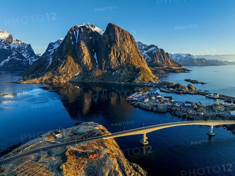 Aerial view, bridge, village, steep mountains, coast, winter, fog, evening light, Reine, Moskenesoya, Lofoten, Norway, Europe