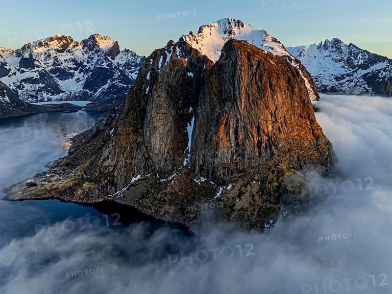 Aerial view, steep mountains, coast, winter, fog, morning light, Reine, Moskenesoya, Lofoten, Norway, Europe