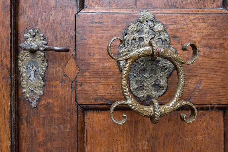 Historic door handle and door knocker from the 16th century, Bavaria, Germany, Europe