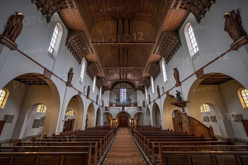 Interior with wooden vault of St Otto's Church, built from 1912 to 1914 in Art Nouveau style, Siechenstraße 61, Bamberg, Upper Franconia, Bavaria, Germany, Europe