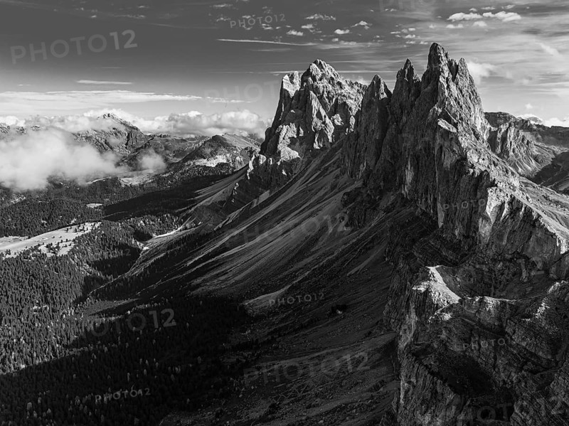 The peaks Sas Rigais and Furchetta of the Geisler group, drone image, black and white image, Val Gardena, Dolomites, Autonomous Province of Bolzano, South Tyrol, Italy, Europe