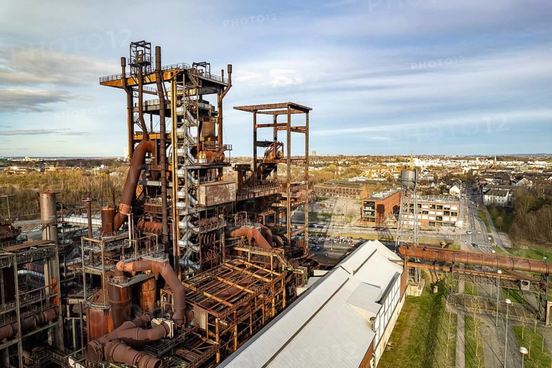 Industrial ruins of the Phönix West blast furnace works in Dortmund seen from the air, North Rhine-Westphalia, Germany, Europe