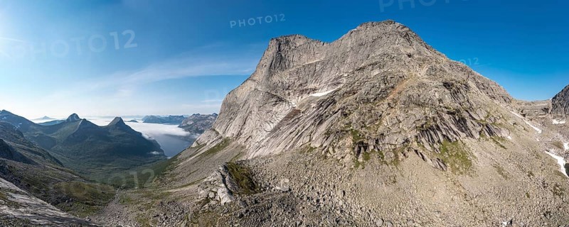 Aerial view of Mt. Stetind, famous norwegian mountain, seen from half way up to the top, northern Norway