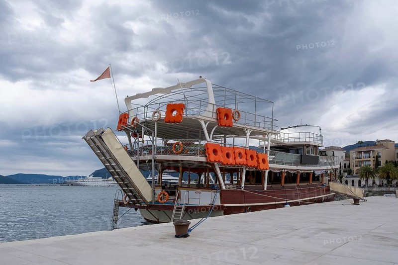 Excursion boat in the harbour of Porto Montenegro, Adriatic Sea, Mediterranean Sea, Montenegro, Balkans, Europe