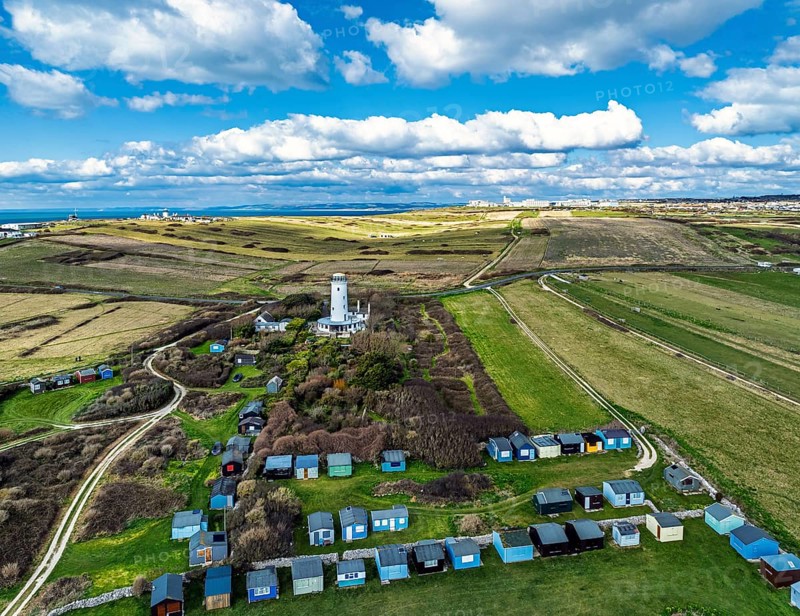 Portland Bird Observatory from a drone, Bill Lighthouse, Portland Bill, Isle of Portland, Dorset, England, United Kingdom, Europe