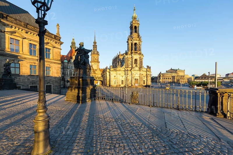 View from Brühl's Terrace of St George's Gate, Hausmann Tower, Court Church and Semper Opera House in the morning light, Dresden, Saxony, Germany, Europe
