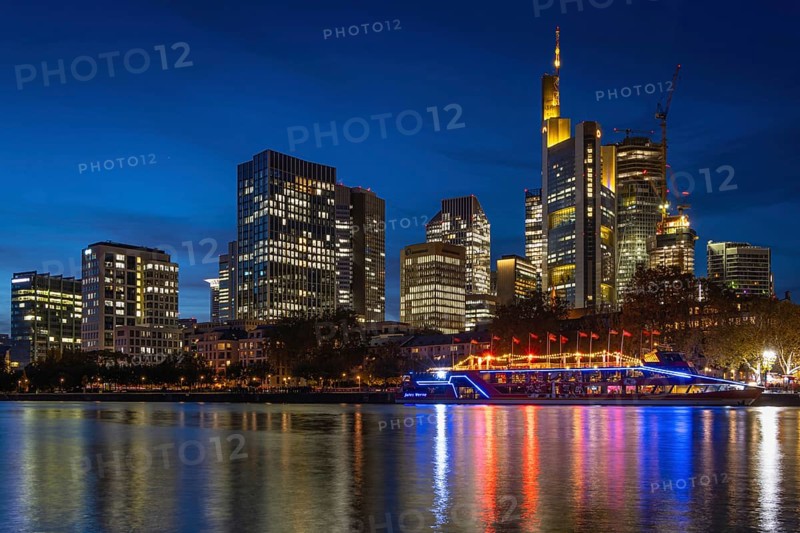 The Kansas City Chiefs' NFL boat is anchored on the River Main in front of Frankfurt's banking skyline. On Sunday, 5 November 2023, the Chiefs' football team led by quarterback Patrick Mahomes will face the Miami Dolphins in Frankfurt's Waldstadion, Mainufer, Frankfurt am Main, Hesse, Germany, Europe