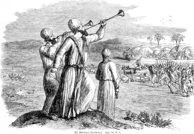 The silver trumpets, crowd, departure, animals, palm trees, landscape, mountains, Old Testament, Genesis, Fourth Book of Moses, chapter 10, verse 5, historical illustration circa 1850