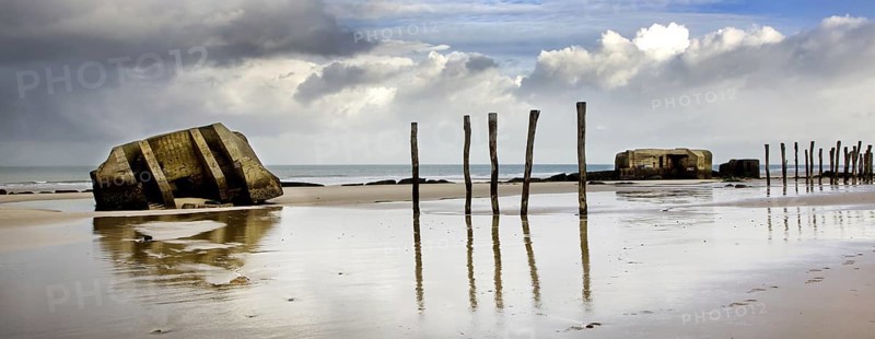 World War II concrete blockhouses on beach at Wissant, Nord-Pas de Calais, France, Europe