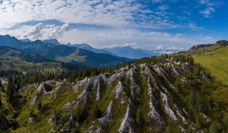 Aerial view of the gypsum pyramids at Col de la Croix, Canton Vaud, Switzerland, Europe