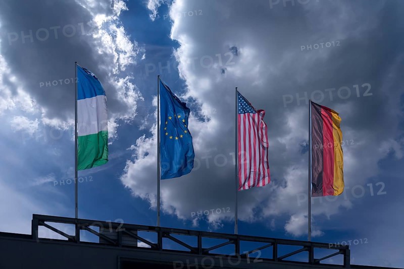 Woken sky with waving flags Rhineland-Palatinate, Germany, Europe