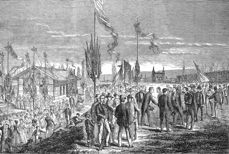 The International Rifle Festival in Strasbourg in 1869, France, Historic, digitally restored reproduction of an original 19th-century artwork, Europe