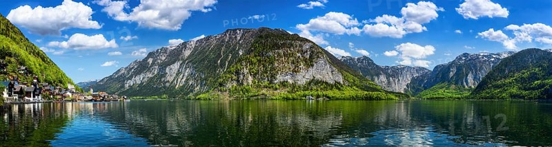 Austrian tourist destination, panorama of Hallstatt village and Hallstatter See mountain lake in Austria in Austrian alps. Salzkammergut region, Austria, Europe