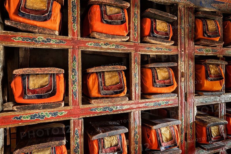 Folios of old manuscripts in library of Thiksey Gompa (Tibetan Buddhist Monastery) . Ladakh, India, Asia