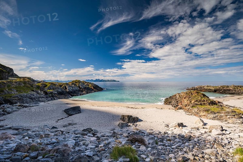 Sandy beach beach and rocky coast, near Bleik, Andoya Island, Vesterålen, Northern Norway, Norway, Europe