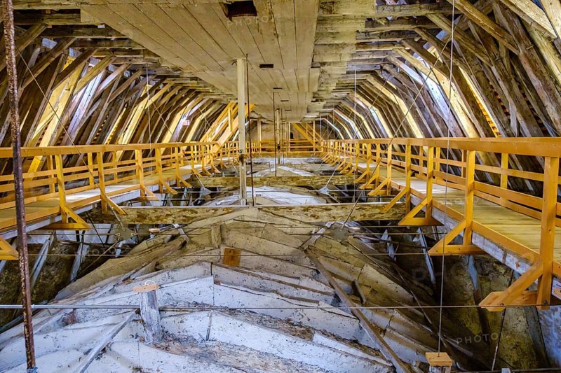 In the attic above the vault of St. Martin's Church in Memmingen in Unterallgäu, Swabia, Bavaria, Germany, Europe