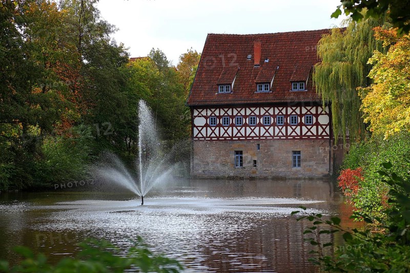 Remains of Rosenau Castle, from 1435, also called Rosenau Castle, of the mint masters Heinz and Günther von Rosenau, on the knight's pond, half-timbered house, today state building authority in Coburg, Upper Franconia, Bavaria, Germany, Europe