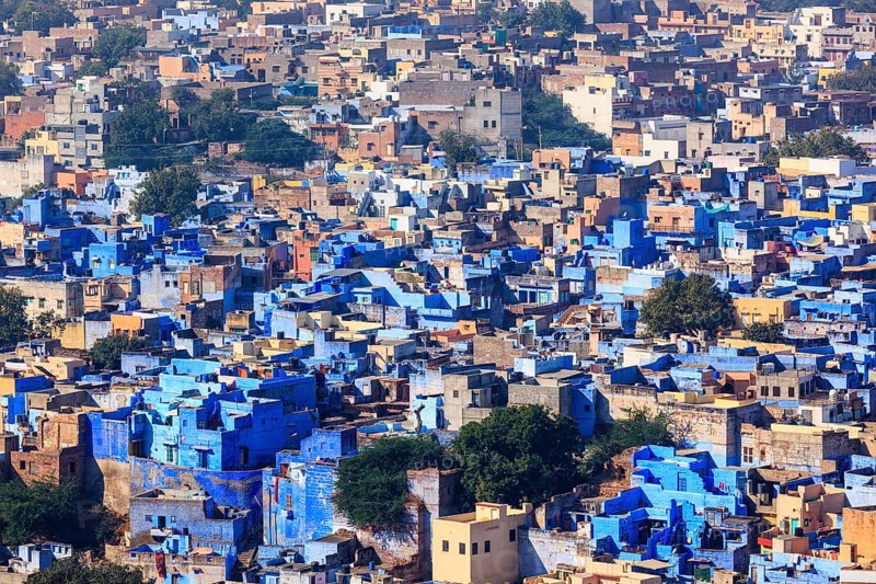 Aerial view of Jodhpur, also known as Blue City due to the vivid blue-painted Brahmin houses around Mehrangarh Fort. Jodphur, Rajasthan, India, Asia