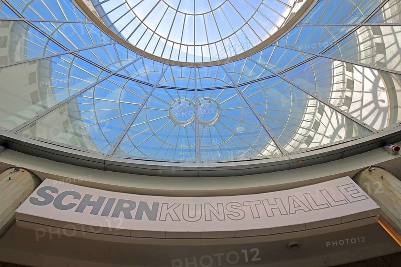 Kunsthalle Schirn with round glass dome, glass window, glass building, inscription, modern building, interior view, reflection, museum, Schirn, Old Town, Frankfurt am Main, Hesse, Germany, Europe