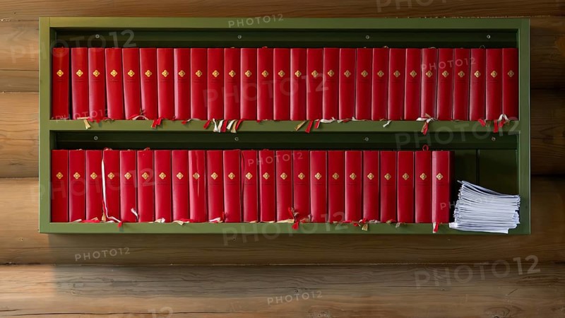 Rule with red hymn books, wooden church, Kvam, Upper Gudbrandsdalen, Norway, Europe