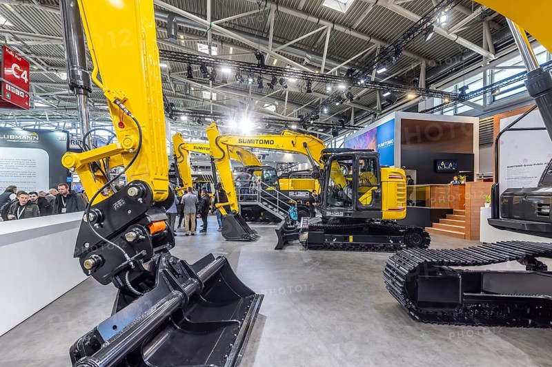 BAUMA Munich, 34th World's Leading Trade Fair for Construction Machinery, Building Material Machines, Mining Machines, Construction Vehicles and Construction Equipment. BAUMA is the world's largest trade fair in terms of exhibition space. Excavator from the Japanese manufacturer Sumitomo. Munich, Bavaria, Germany, Europe