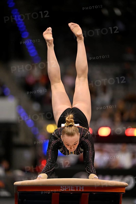Lisa Vaelen BEL Vault Action Gymnastics, EnBW DTB-Pokal, Porsche-Arena, Stuttgart, Baden-Württemberg, Germany, Europe