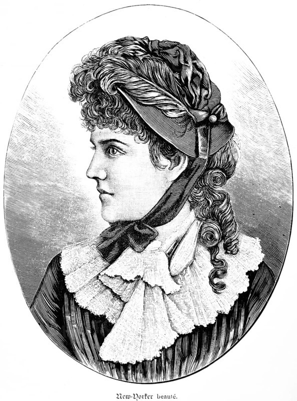 New York beauté, portrait of a young beautiful woman in modern summer clothes, small tied hat with feather, frills, dark curls hairstyle, side concentrated look, oval picture, historical illustration, USA, woman of the 19th century, North America