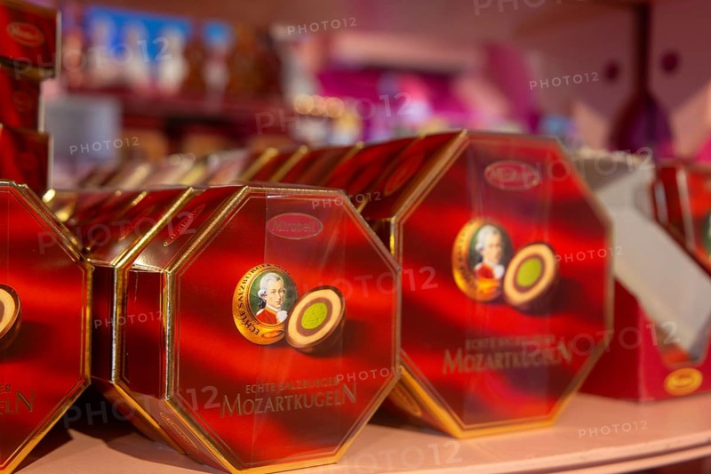 Close-up of Mozartkugeln in a shop in the famous Getreidegasse in Salzburg