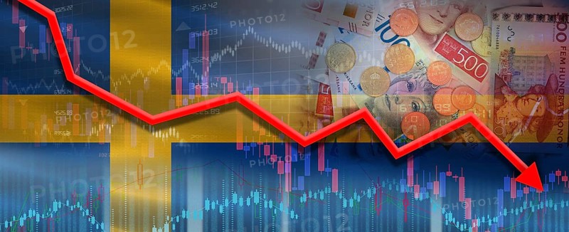 Sweden financial crisis on economic graph. Financial fall of Sweden on economy market