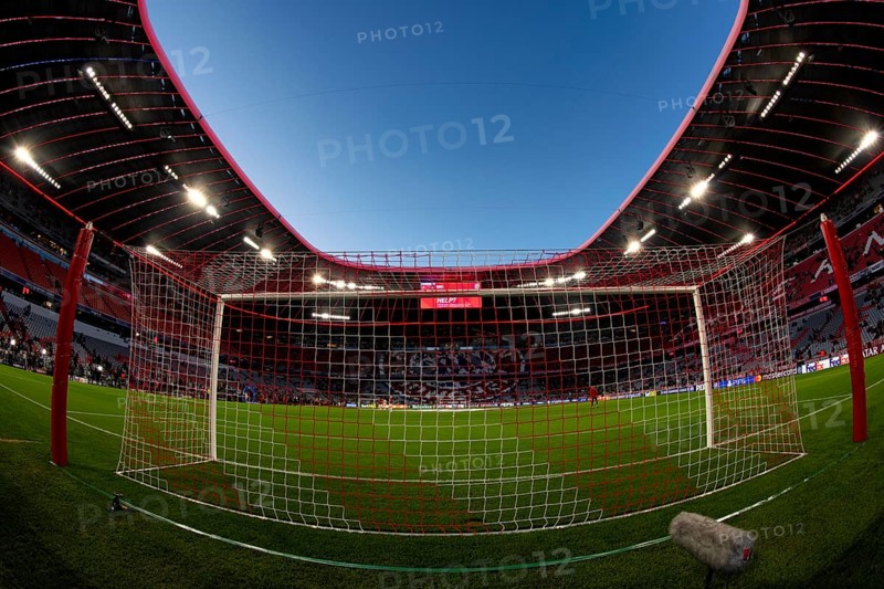Overview, interior, floodlit match, behind-the-goal perspective, goal net, blue hour, fisheye shot, Champions League, Allianz Arena, Munich, Bavaria, Germany, Europe