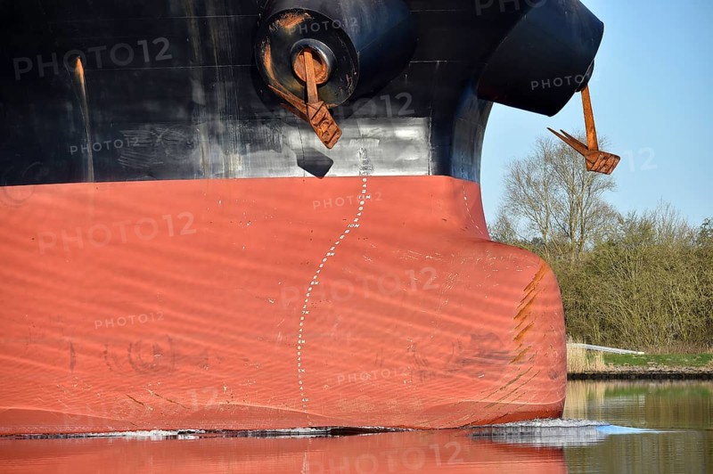 Bulbous bow and anchor of a freighter in the Kiel Canal, Kiel Canal, Schleswig-Holstein, Germany, Europe