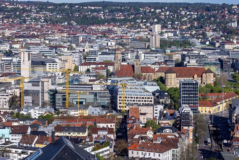 View of Stuttgart city centre. Charlottenplatz, Old Palace, Collegiate Church, Town Hall Tower. Stuttgart, Baden-Württemberg, Germany, Europe