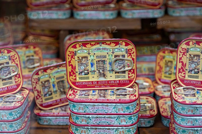 Tins of sardines on display in shop window, city of Porto, Portugal, Europe