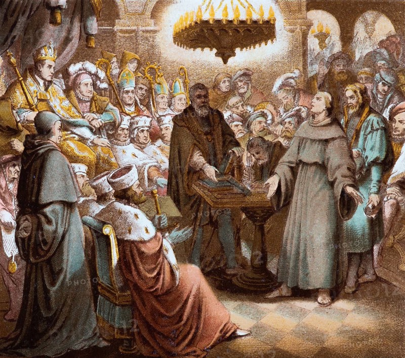Imperial Diet of Worms in 1521, Luther is to recant his theses in front of Emperor Charles V and bishops, issue of the Edict of Worms, stages of Dr Martin Luther's life, coloured illustration ca. 1890