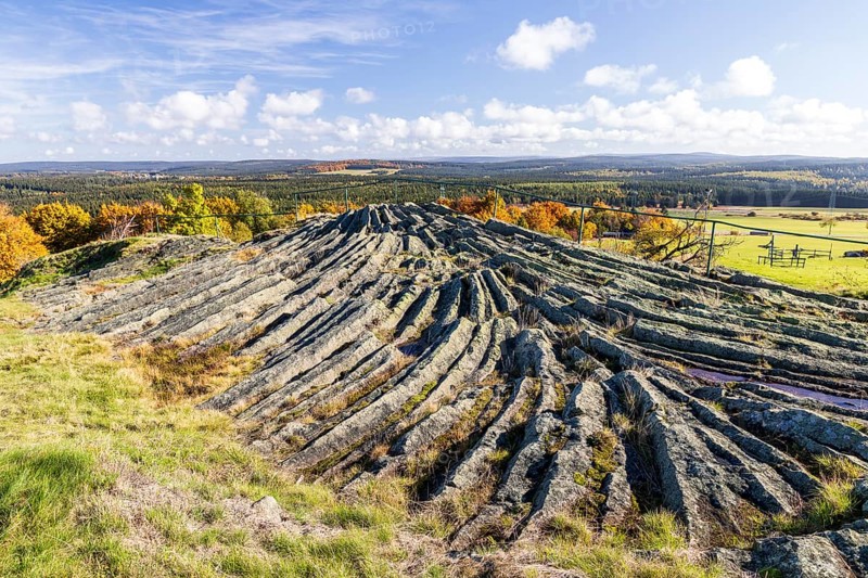 Exposed basalt outcrop from volcanic times, Hirtstein, Marienberg, Erzgebirge, Saxony, Germany, Europe