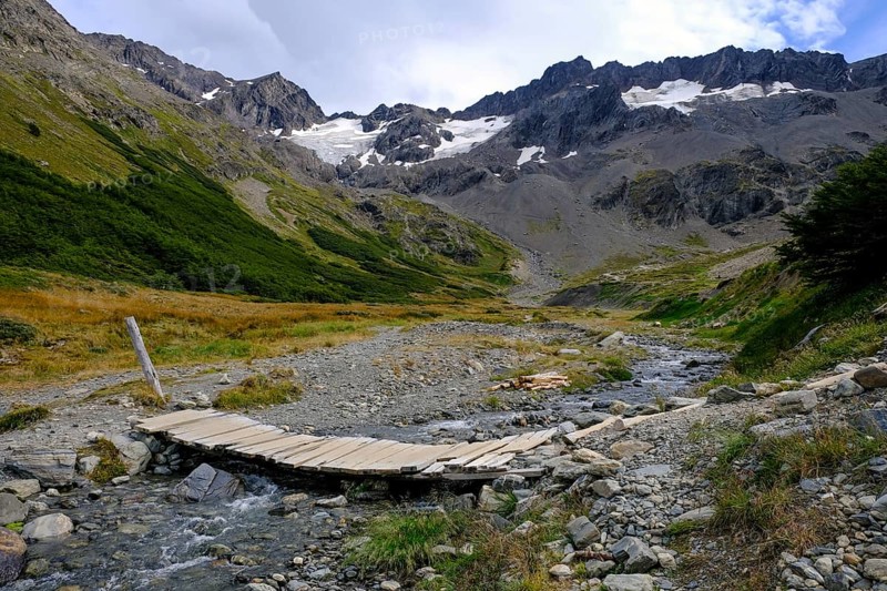 Ushuaia, Tierra del Fuego, Argentina, hiking trail to the Martial glacier on Cerro Martial, Ushuaia's local mountain. Ushuaia is the southernmost city in the world, the end of the world, South America