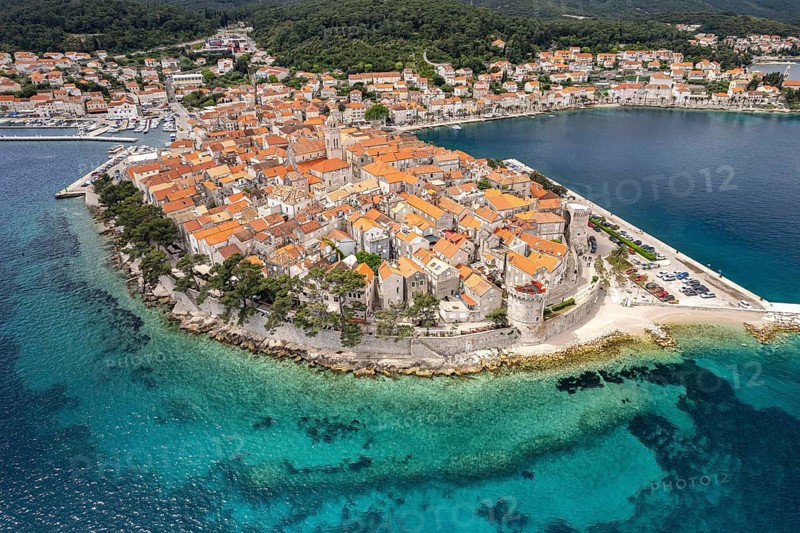 The old town centre of Korcula town seen from the air, Croatia, Europe