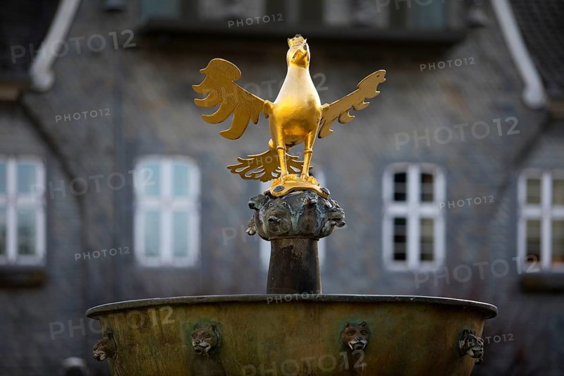 Gilded imperial eagle as a fountain eagle on the market fountain, Old Town, Goslar, UNESCO World Heritage Site, Lower Saxony, Germany, Europe