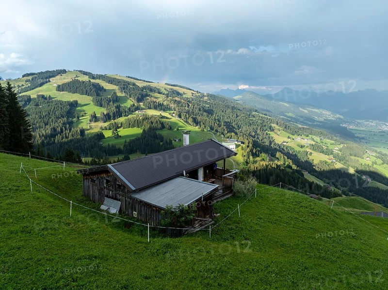 Alpine hut, view over the Brixen Valley, Hochbrixen, Brixen im Thale, Kitzbühel Alps, Tyrol, Austria, Europe