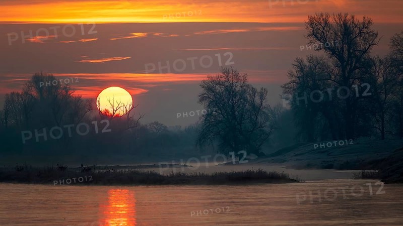 Sunrise on the Middle Elbe, winter landscape in frost, river landscape, fog, reflection of the sun, landscape shot, wonderful atmosphere, Garden Kingdom of Dessau-Wörlitz, Middle Elbe Biosphere Reserve, UNESCO World Heritage Site, Saxony-Anhalt