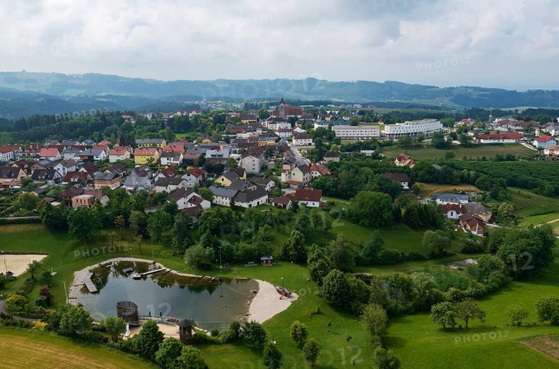 Drone image, bathing lake, Tragwein, Freistadt district, Mühlviertel, Upper Austria, Austria, Europe