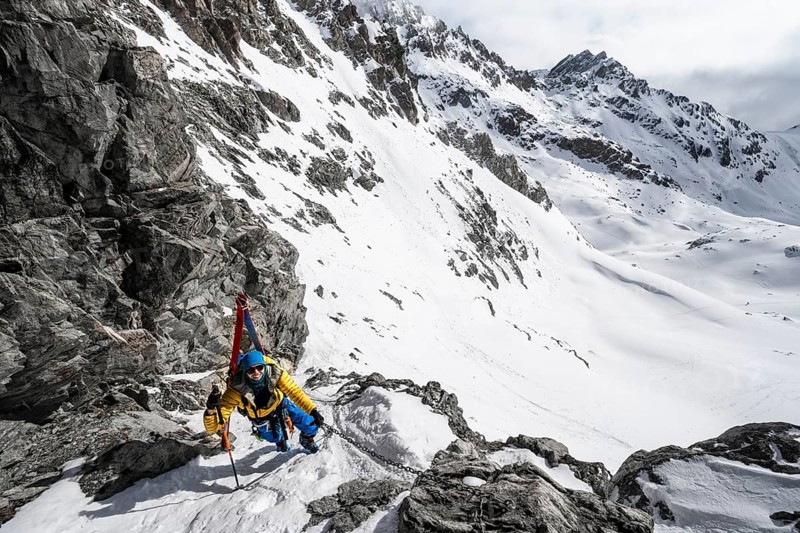 Climbers with skis ascending a steep snow slope to the Porta d'Es-cha saddle, Bündner Haute Route ski tour, Albula Alps, Rhaetian Alps, Grisons, Eastern Switzerland, Switzerland, Europe