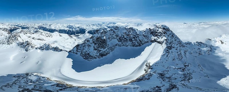 Alpine panorama, aerial view, mountain peak Piz Kesch and glacier Vadret da Porchabella, Albula Alps, Rhaetian Alps, Grisons, Eastern Switzerland, Switzerland, Europe