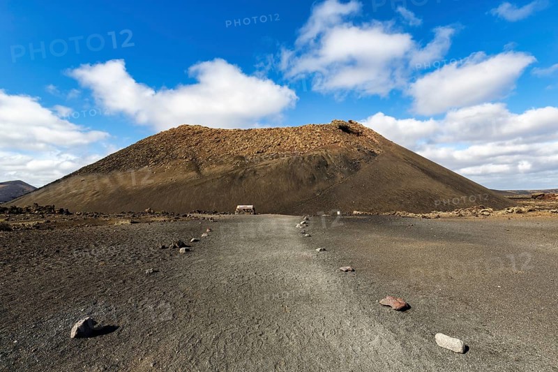 Hiking trail to the volcanic crater Caldera de Los Cuervos, cinder cone, Los Volcanes nature park Park, Tias, Yaiza, Lanzarote, Spain, Europe