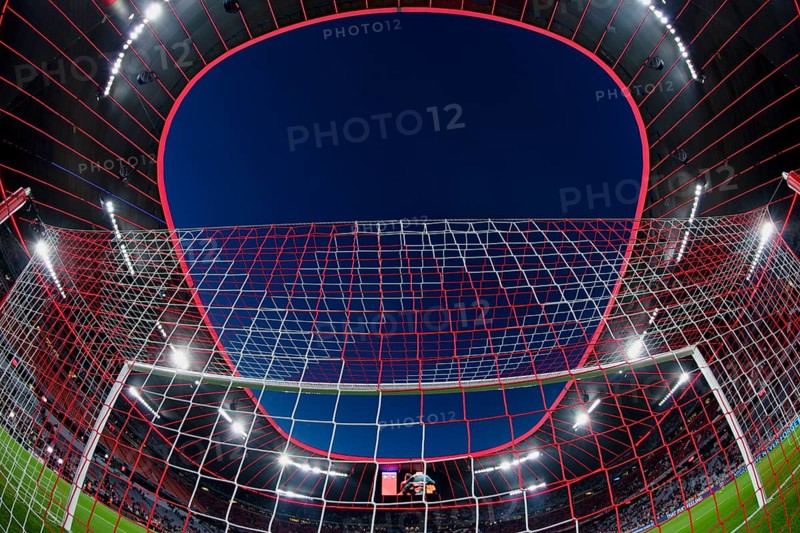 Overview, interior, floodlit match, behind-the-goal perspective, goal net, blue hour, fisheye shot, Champions League, Allianz Arena, Munich, Bavaria, Germany, Europe