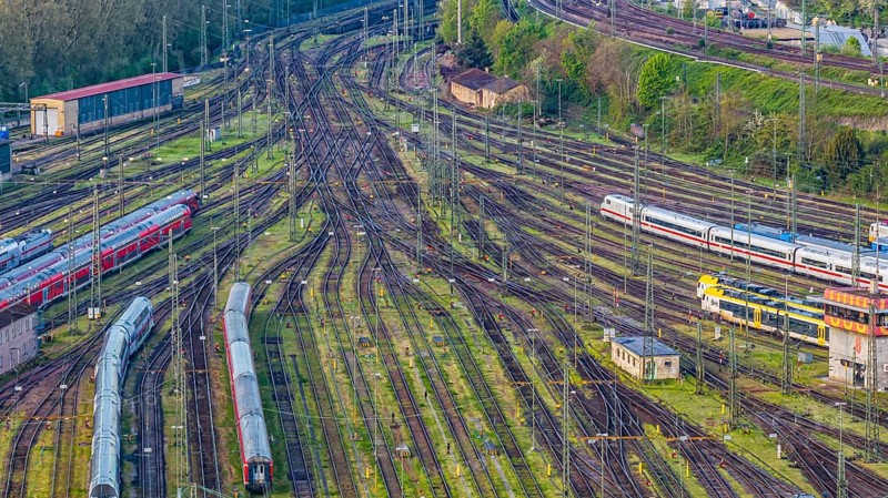 Tracks and points at Rosenstein railway sidings and parked trains. After completion of the Stuttgart 21 project, flats and the new Rosenstein quarter and flats are to be built here. Aerial view. Stuttgart, Baden-Württemberg, Germany, Europe