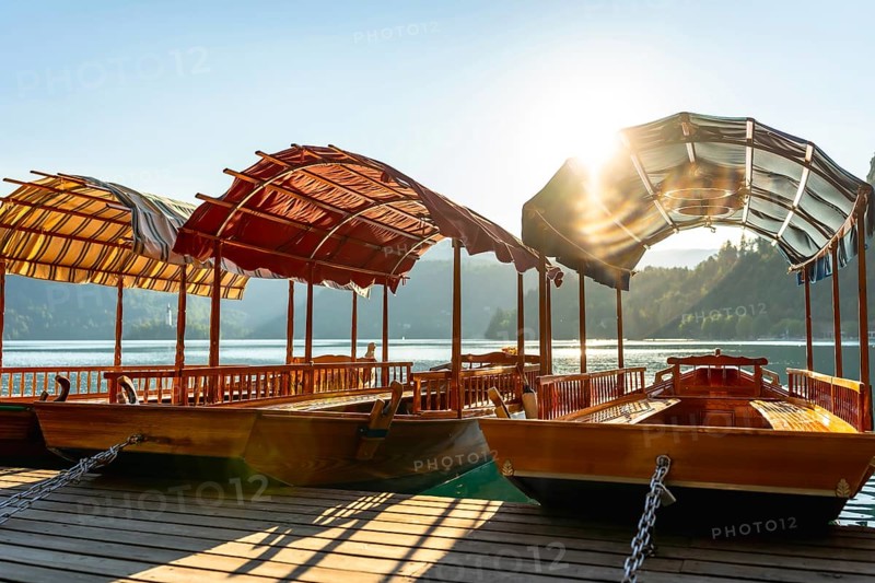 Wooden tourist boats, known as pletnas, moored at a pier on lake bled in slovenia, bathed in the golden light of sunrise
